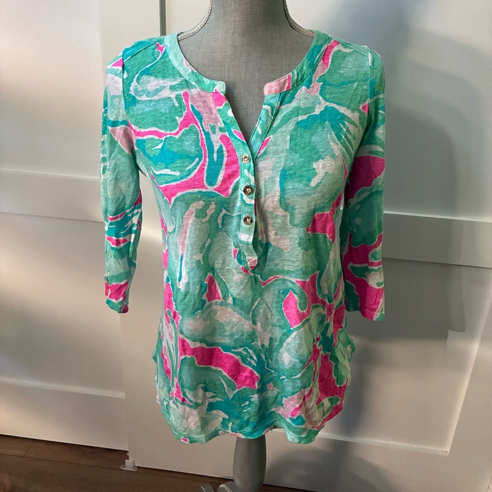 Lilly Pulitzer Teal and Pink Patterned Blouse